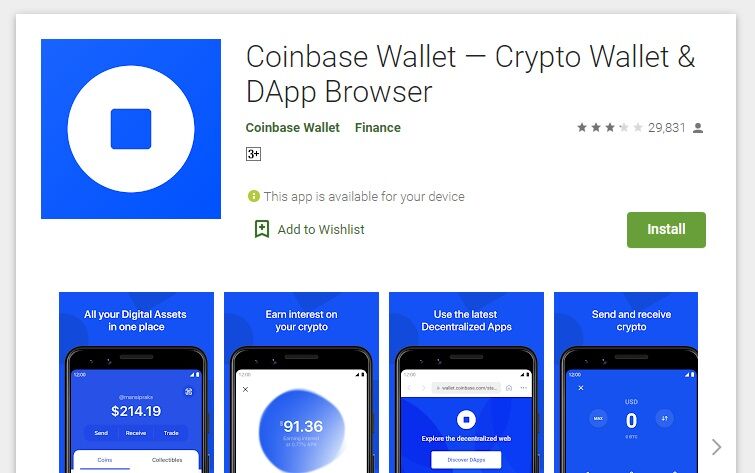 Coinbase Wallet レビュー : Google play storeのcoinbaseアプリ。